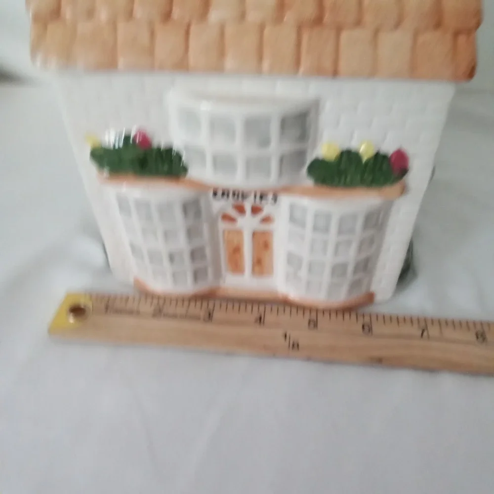 Vintage Ceramic House Cookie Jar Cottagecore White Brick Hand Painted 9.5in